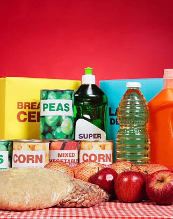 "A selection of groceries, including food and cleaning products, sits on a gingham tablecloth against a red background. The product labels are all dummies made by the photographer. Shot with Canon EOS 1Ds Mark III."